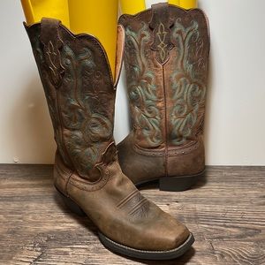 Justin L2552 Brown Leather Western Stampede Square Toe Boots Women's size 8c
